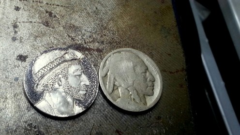 My first attempt at a Hobo Nickel. He's a miner now. 
